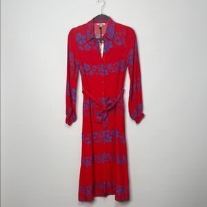 NWT Celina Moon Red and Blue Floral Long Sleeve Shirt Dress XS